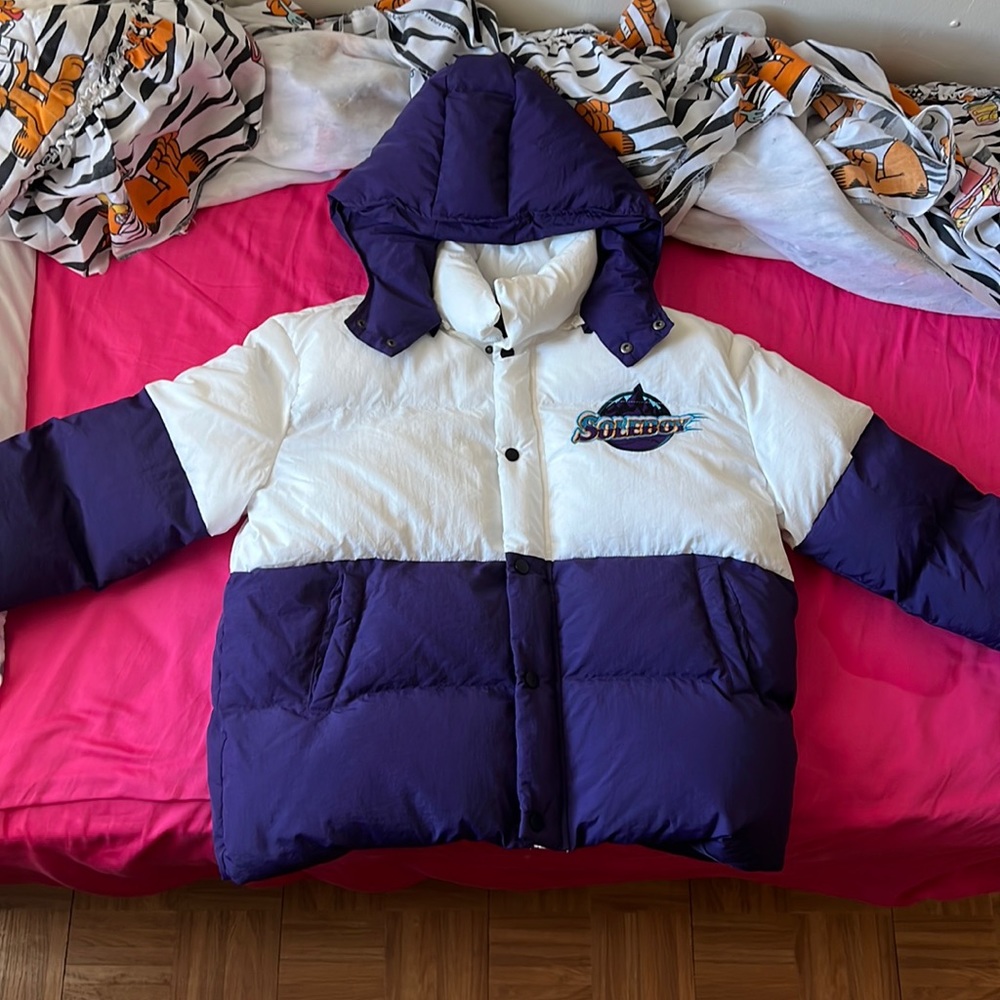 SOLEBOY purple/white puffer jacket never worn, removable hood.
